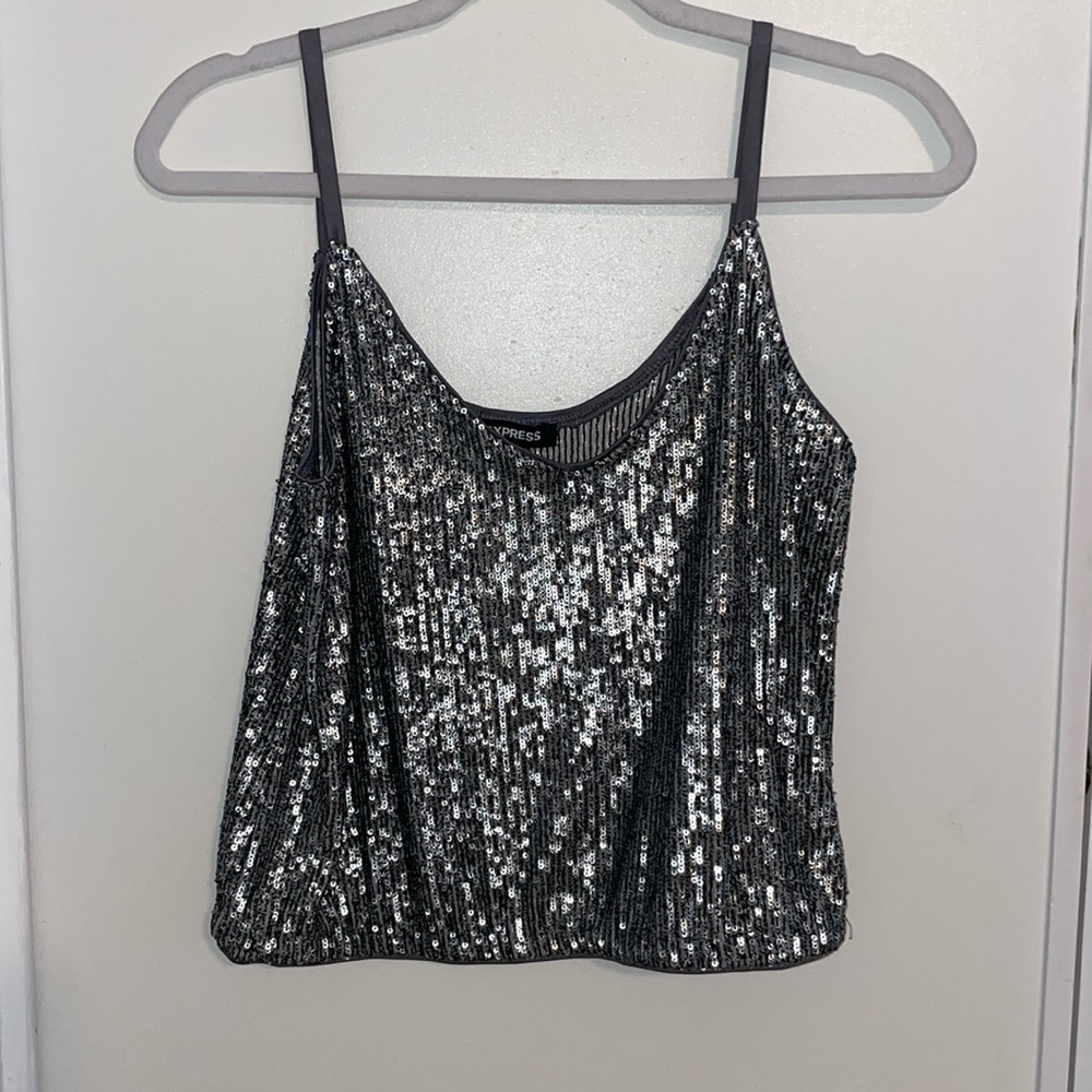 Express Silver Sequin Tank Top with Elastic Bottom | S